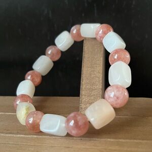 Pink Opal & Strawberry Quartz Natural Stone Crystal 10mm Beaded Stretch Bracelet